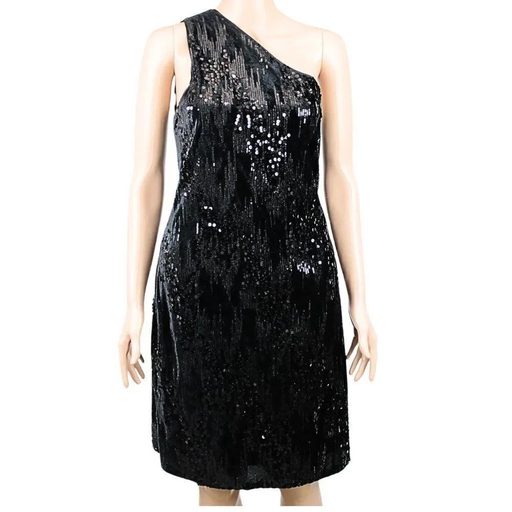 NWT Black Velvet & Sequin Cocktail Dress Single Strap Knee Length Bare Shoulder